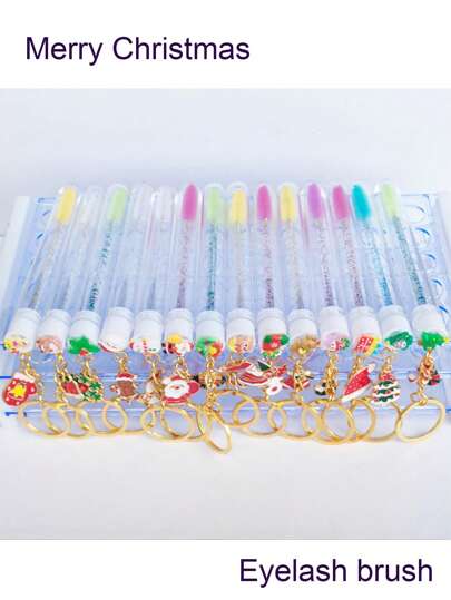 1/2/3/5pcs Christmas Transparent Cartoon Pattern Keychain Christmas Pattern Holiday Eyelash Brush Eyebrow Brush Portable Tube Eyelash Brush With Transparent Case