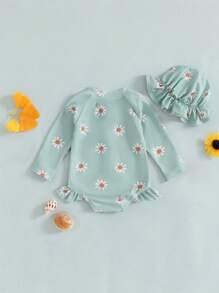 2 Piezas Traje de baño de niña bebé manga larga con estampado de flores y bikini con cremallera y sombrero, ropa de baño para bebé recién nacido para el verano - Verde - Ver 2