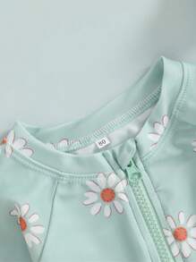 2 Piezas Traje de baño de niña bebé manga larga con estampado de flores y bikini con cremallera y sombrero, ropa de baño para bebé recién nacido para el verano - Verde - Ver 5