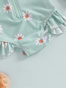 2 Piezas Traje de baño de niña bebé manga larga con estampado de flores y bikini con cremallera y sombrero, ropa de baño para bebé recién nacido para el verano - Verde - Ver 7