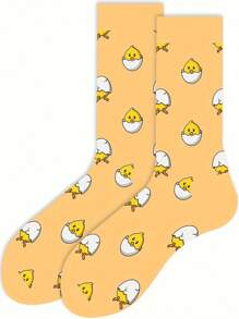 1 Pair Of Yellow Cartoon Chick Unisex Mid-Tube Stockings Comfortable Breathable Stockings, Fall Socks - Yellow - View 2