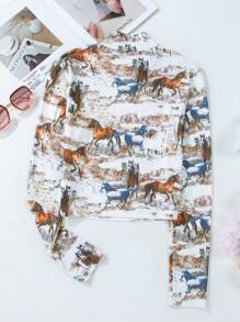 CILKOO 西部野马印花镂空立领上衣 - 棕色 - 查看 9