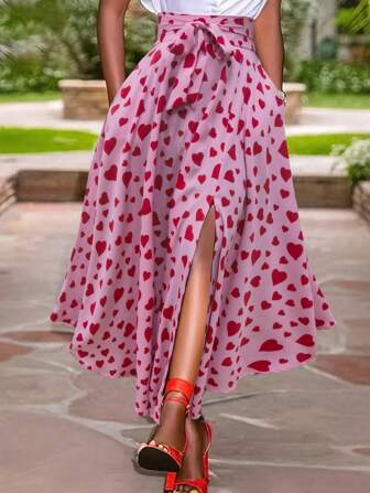 Falda con abertura lateral y cinturón con estampado de corazones para mujer, Día de San Valentín