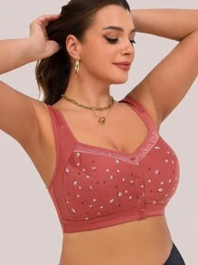 4 Peças Sutiã com Estampa Floral e Botões na Frente, Sutiã Sem Arame Macio e Elegante, Roupa Íntima Feminina
