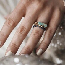 Juego de 3 anillos de mujer con piedras naturales y perlas falsas, de acero inoxidable minimalista de alta gama, apropiado para uso diario, vacaciones, boda y fiesta