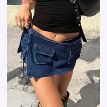 Women Denim Skorts Casual Drawstring Mini Jeans Skirt With Shorts Pockets Y2K Club Streetwear Aesthetic Clothes - 深藍色 - 查看 3