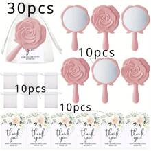 30-częściowy zestaw upominkowy dla panny młodej - plastikowe lustra z wzorem róż, kartki z podziękowaniami i woreczki z organzy - idealne na upominki dla gości weselnych i prezenty dla druhen