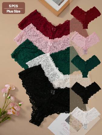5pcs/Pack Plus Size Elegant Lace Design Triangle Brief Lingerie