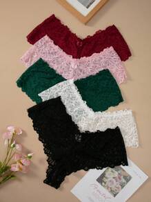 5 件/包大码优雅蕾丝设计三角内裤 - 彩色 - 查看 6