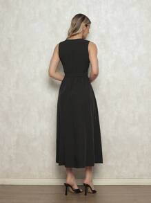 Elegant Women's Dress With Marked Waist - Sleeveless Discreet Neckline And Loose Skirt For Formal Or Casual Occasions - 黑色 - 查看 4