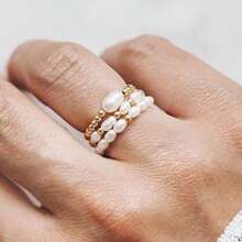 Juego de 3 anillos de mujer con piedras naturales y perlas falsas, de acero inoxidable minimalista de alta gama, apropiado para uso diario, vacaciones, boda y fiesta
