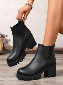 New Fashion Thick Sole Casual Short Boots, Non-Slip Women's Ankle Boots, Versatile Solid Color Short Boots, Black Short Boots, Chunky Heel Short Boots, Chelsea Short Boots, Versatile Women Shoes