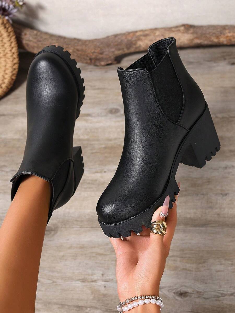 New Fashion Thick Sole Casual Short Boots, Non-Slip Women's Ankle Boots, Versatile Solid Color Short Boots, Black Short Boots, Chunky Heel Short Boots, Chelsea Short Boots, Versatile Women Shoes