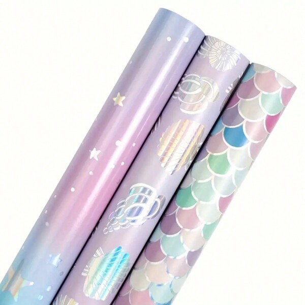 1/3 Pack, Wrapping Paper Roll, 17in X 10ft/Roll, Mermaid Scale Galaxy With Shiny Metallic Foil Glittery, Suitable For Valentine's Day, Birthday, Wedding, Bridal Shower, Wrapping Paper, Tissue Paper, Bouquet Supplies, Gift Wrap