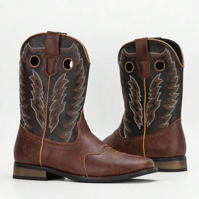 Cowboy Western Boots Men's Square Toe Embroidered Shoes Non-Slip Vintage Shoes With Baggy Jeans Men