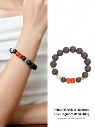 VE 1 pieza Pulsera de madera de agar de plata 925 de alta calidad. Combina la elegancia de la madera de agar, la compasión de la diosa Tara y la delicadeza de la perla falsa, simbolizando bendiciones, paz y pureza del alma. Elegante y extraordinaria, ideal para el cultivo personal o como regalo para seres queridos. Joyería de color aleatorio.