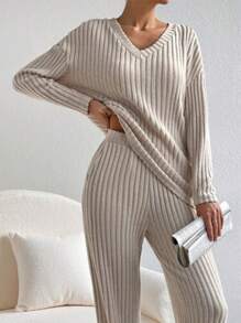 Women's 2 Pieces Long Sleeve Pajamas Sets Ribbed Knit Top And Long Pants Set V Neck Sleepwear Loose Loungewear Fall Winter Matching Outfits Clothes - 杏色 - 查看 2