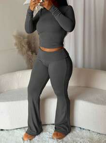 Solid Color Round Neck Long Sleeve Minimalist Top And Pants Thin Fleece Casual Suit, Autumn/Winter - Dark Grey - View 3