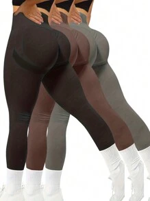 Juego de 3 mallas deportivas para mujer, sin costuras, con efecto push-up, de cintura alta, para yoga, gimnasio, glúteos y correr