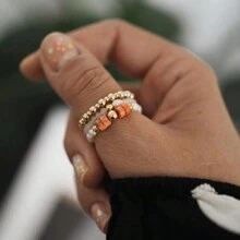 Juego de 3 anillos de mujer con piedras naturales y perlas falsas, de acero inoxidable minimalista de alta gama, apropiado para uso diario, vacaciones, boda y fiesta