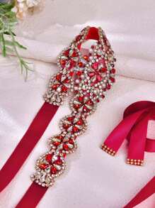 1pc Burgundy Rhinestone Bridal Belt, Sparkling Crystal Decor Belt, Suitable For Wedding Dress, Elegant Belt, Perfect For Christmas Party Formal Occasions - Burgundy Ribbon - View 3