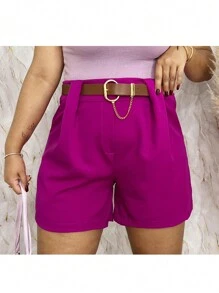 Short Plus Size Social Tailoring With Elegant Belt High Waist - Purple - View 2