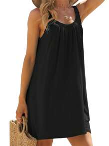 Women's Summer Short Beach Dress Solid Color Sleeveless Backless U Neck Beachwear - màu đen - Xem 2