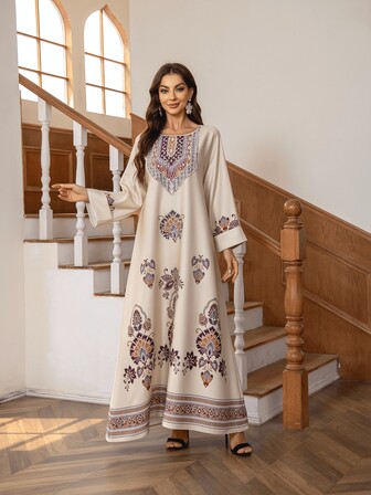 女式大码闪光装饰 A 字长裙，采用 75D 弹力面料，优雅的阿拉伯 Jalabiya 朴素阿拉伯连衣裙，适合所有季节