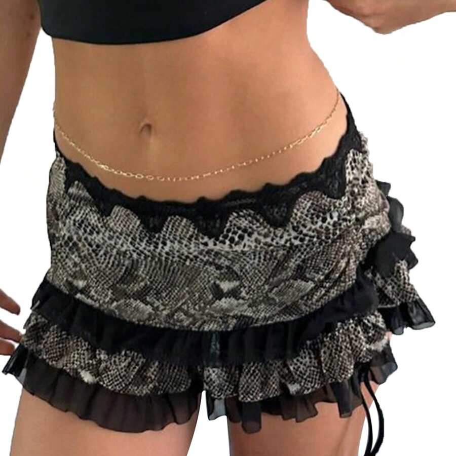 Women Mini Short Skirt Low Waisted Leopard Print Ruffle Lace Edge Fashion Short Skirt - Black - View 1