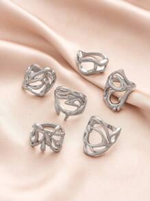 6pcs Punk Hollow Geometric Thorn Metal Ring Set, Suitable For Men & Women Daily Or Party Wear, Stackable Rings - Silver - View 2