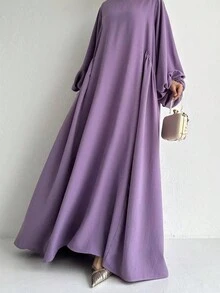 Women's Solid Color Round Neck Long Sleeve Simple Casual Long Abaya Dress,Modest