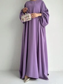 Women's Solid Color Round Neck Long Sleeve Simple Casual Long Abaya Dress,Modest