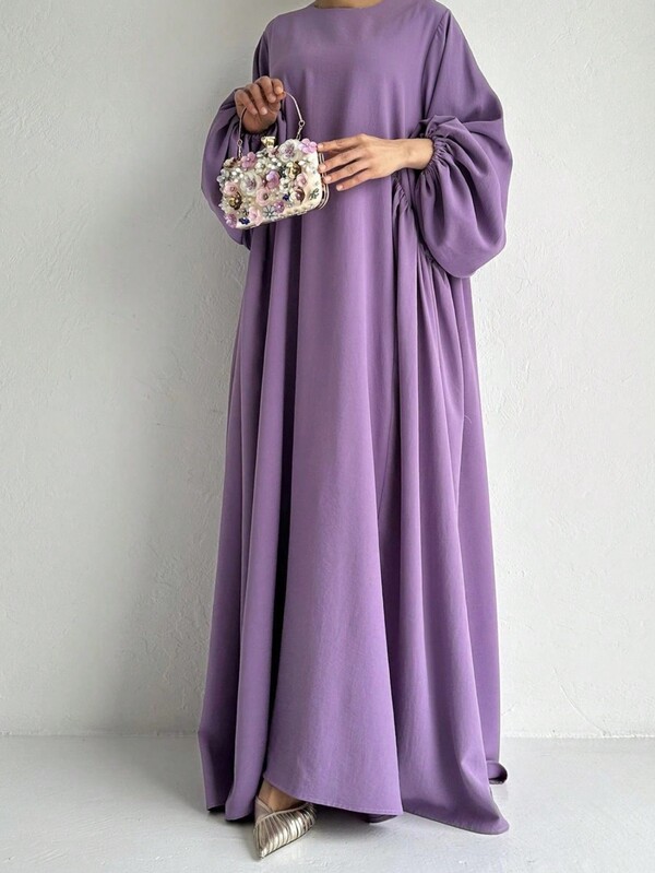 Women's Solid Color Round Neck Long Sleeve Simple Casual Long Abaya Dress,Modest
