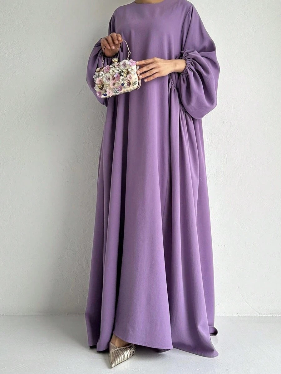 Women's Solid Color Round Neck Long Sleeve Simple Casual Long Abaya Dress,Modest