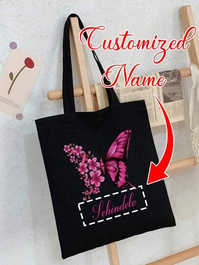 Nome personalizado, impresso com padrão de borboleta, bolsa de lona preta, dobrável, grande capacidade, leve, elegante, bolsa tote personalizada, bolsa de ombro, bolsa de compras casual, presente de formatura de volta às aulas para professores, bolsa de compras de fim de ano, adequada para trabalho, escola, viagens de negócios, viagens de férias, esportes ao ar livre, atende às necessidades de sair, presente para familiares e amigos, bolsas femininas