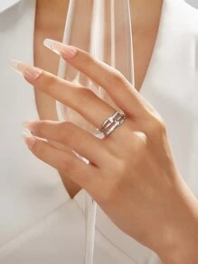 1 件 18K 镀金华丽风格不锈钢 CNC 方晶锆石戒指女士珠宝婚礼派对约会礼物 - TOW三角形CNC - 查看 17