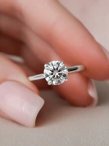 ESBERRY 1枚优雅925纯银四爪镶嵌独特设计钻石戒指，单钻订婚戒指，女士珠宝礼物，订婚礼物，派对礼物 - 銀色 - 查看 6