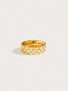 1 chiếc nhẫn mạ vàng 18K bằng thép không gỉ, đính đá Cubic Zirconia CNC, trang sức nữ, quà tặng đám cưới, hẹn hò. - Vàng - Xem 3