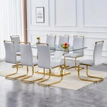 Table And Chair Set.Subtle Luxury Clear Tempered Glass Dining Set - 71"X35.4" With 8 Light Gray PU Chairs.C-Tube Gold Metal Chair Legs.Bring A Comfortable Home Experience To The Kitchen Bedroom.