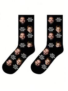 Un par de calcetines de media pantorrilla personalizados para hombres con impresión de rostro y texto. Calcetines personalizados con la impresión "Mejor padre de todos" y foto, calcetines personalizados divertidos para pareja como regalo para el Día del Padre o cumpleaños