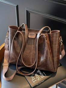 全新成熟优雅风格拼布 PU 材质简约时尚可折叠大容量手提包，适合日常工作、通勤、度假、休闲，是送给妈妈的绝佳礼物 - 咖啡棕 - 查看 12