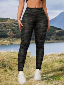 Summer Workout Women's Outdoor Camo Print Skinny Leggings With Pockets, Casual Sports Gray Tights For Daily Wear - Grey - View 4