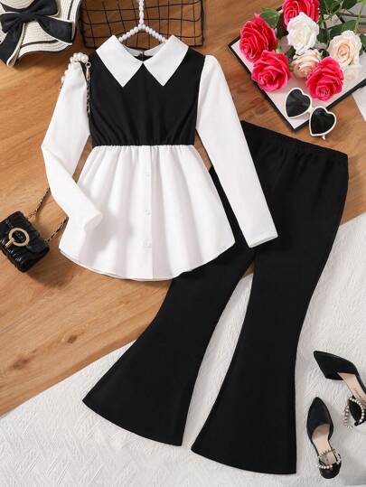 2 sztuki/zestaw dziewczęcy top z długim rękawem i rozkloszowane spodnie, modny design talii, stylowy strój na wiosnę i jesień