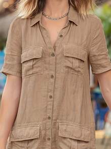 hoteel Women's Linen Shirt-Style Solid Color Pocket V-Neck Dress - 卡其色 - 查看 3