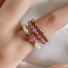 Juego de 3 anillos de mujer con piedras naturales y perlas falsas, de acero inoxidable minimalista de alta gama, apropiado para uso diario, vacaciones, boda y fiesta