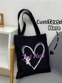 1pc Customizable Large Capacity Shopping Bag, Fashionable Foldable Bag, Simple And Stylish Love Flowers, Full Of Artistic Atmosphere, Reusable Grocery Bag, Featured With Name, Logo, Text, Lightweight, Large Capacity, Casual, Fashionable, Leisure And Shopping Suitable For Outdoor Back To School Travel Shopping, Go Out, Shop, And Have Afternoon Tea Bags Ladies - Black - View 3