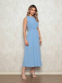 Elegant Women's Dress With Marked Waist - Sleeveless Discreet Neckline And Loose Skirt For Formal Or Casual Occasions - 淺藍色 - 查看 3
