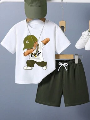 2 Stücke/Set Tween Junge Cartoon Bär Muster Druck Kurzarm T-Shirt Und Shorts Sommer Outfit
