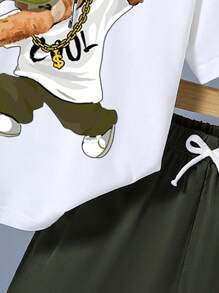 Set da 2 pezzi per ragazzo pre-adolescente: maglietta a maniche corte con stampa di orsetto cartoni animati e pantaloncini, outfit estivo
