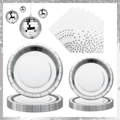 Conjunto de talheres descartáveis de papel prateado para decoração de mesa, pratos de papel de sobremesa redondos aluminizados de 7"/9" e guardanapos, suprimentos para festas de aniversário, Natal, casamento, refeições em família, feriados, ano novo